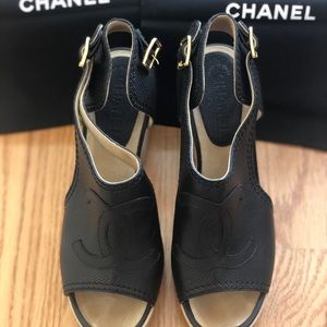 CHANEL Lambskin Perforated CC Wood Clogs; Size 41